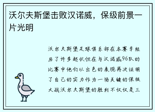 沃尔夫斯堡击败汉诺威，保级前景一片光明
