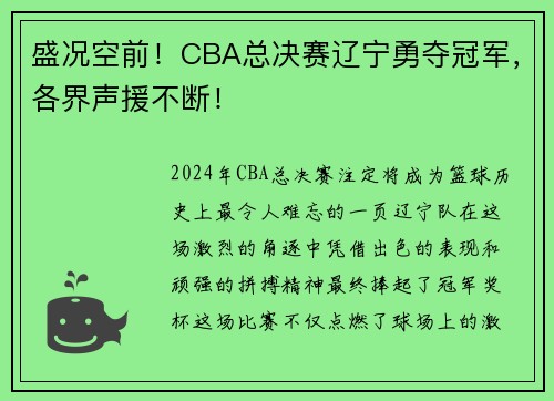 盛况空前！CBA总决赛辽宁勇夺冠军，各界声援不断！